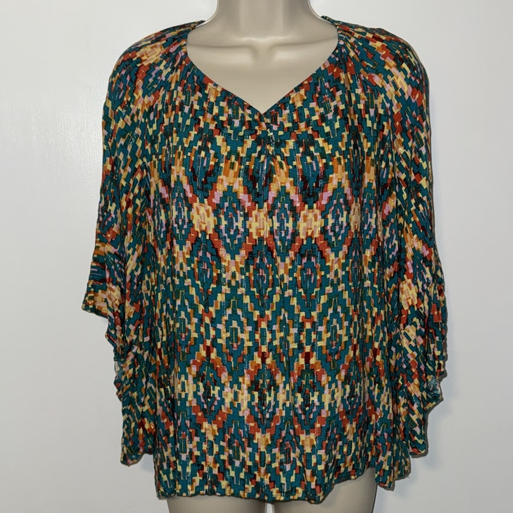 CATO Boho Top Aztec Print 3/4 Sleeve Blouse Women’s M Medium